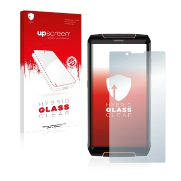 Parte frontal de un envase de producto con el logotipo de la marca upscreen. Al lado se muestra el dispositivo Cubot King Kong