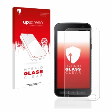 Parte frontal de un envase de producto con el logotipo de la marca upscreen. Al lado se muestra el dispositivo Samsung Galaxy 