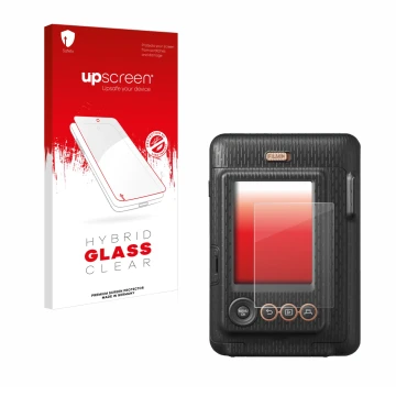 Parte frontal de un envase de producto con el logotipo de la marca upscreen. Al lado se muestra el dispositivo Fujifilm Instax