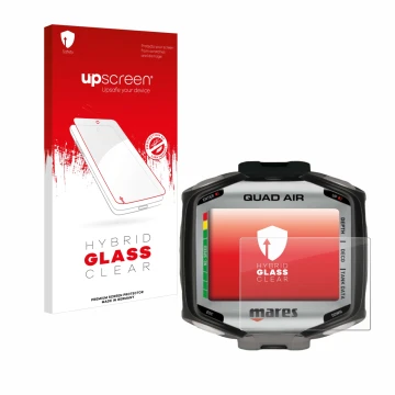 Parte frontal de un envase de producto con el logotipo de la marca upscreen. Al lado se muestra el dispositivo Mares Quad Air 