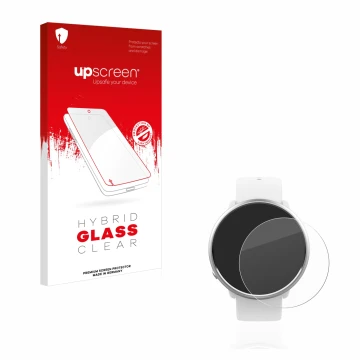 Parte frontal de un envase de producto con el logotipo de la marca upscreen. Al lado se muestra el dispositivo Polar Ignite co