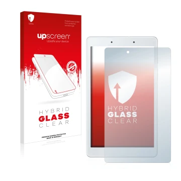 Parte frontal de un envase de producto con el logotipo de la marca upscreen. Al lado se muestra el dispositivo Samsung Galaxy 