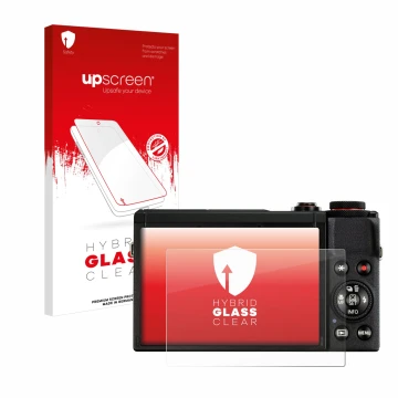 Parte frontal de un envase de producto con el logotipo de la marca upscreen. Al lado se muestra el dispositivo Canon PowerShot