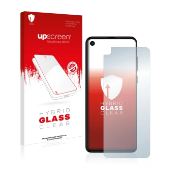 Parte frontal de un envase de producto con el logotipo de la marca upscreen. Al lado se muestra el dispositivo Motorola One Ac