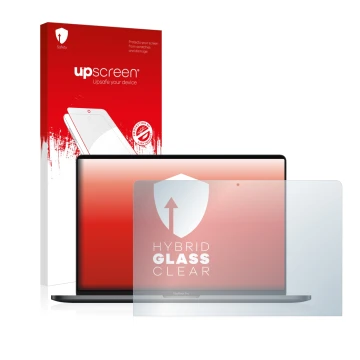 Parte frontal de un envase de producto con el logotipo de la marca upscreen. Al lado se muestra el dispositivo Apple MacBook P