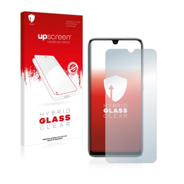 Parte frontal de un envase de producto con el logotipo de la marca upscreen. Al lado se muestra el dispositivo Xiaomi Mi A3 co