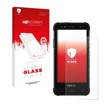 Parte frontal de un envase de producto con el logotipo de la marca upscreen. Al lado se muestra el dispositivo Cyrus CS45 XA c
