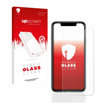 Parte frontal de un envase de producto con el logotipo de la marca upscreen. Al lado se muestra el dispositivo Apple iPhone 11