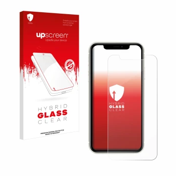 Parte frontal de un envase de producto con el logotipo de la marca upscreen. Al lado se muestra el dispositivo Apple iPhone 11