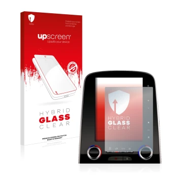 Parte frontal de un envase de producto con el logotipo de la marca upscreen. Al lado se muestra el dispositivo Renault Scenic 