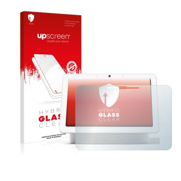 Parte frontal de un envase de producto con el logotipo de la marca upscreen. Al lado se muestra el dispositivo Google Nest Hub