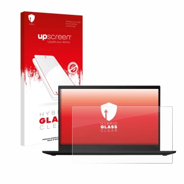 Parte frontal de un envase de producto con el logotipo de la marca upscreen. Al lado se muestra el dispositivo Lenovo ThinkPad