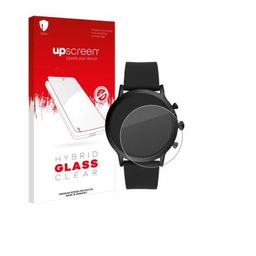 Parte frontal de un envase de producto con el logotipo de la marca upscreen. Al lado se muestra el dispositivo Fossil The Carl