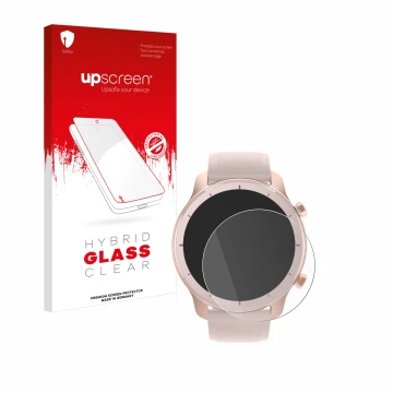Parte frontal de un envase de producto con el logotipo de la marca upscreen. Al lado se muestra el dispositivo Huami Amazfit G