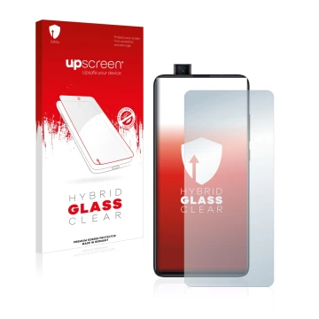 Parte frontal de un envase de producto con el logotipo de la marca upscreen. Al lado se muestra el dispositivo Xiaomi Mi 9T Pr