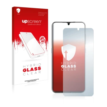 Parte frontal de un envase de producto con el logotipo de la marca upscreen. Al lado se muestra el dispositivo Nokia 7.2 con s
