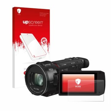 Parte frontal de un envase de producto con el logotipo de la marca upscreen. Al lado se muestra el dispositivo Panasonic HC-VX