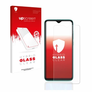Parte frontal de un envase de producto con el logotipo de la marca upscreen. Al lado se muestra el dispositivo Xiaomi Redmi No