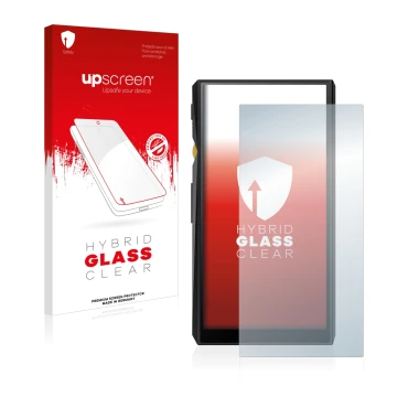Parte frontal de un envase de producto con el logotipo de la marca upscreen. Al lado se muestra el dispositivo FiiO M11 con su