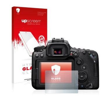 Parte frontal de un envase de producto con el logotipo de la marca upscreen. Al lado se muestra el dispositivo Canon EOS 90D c