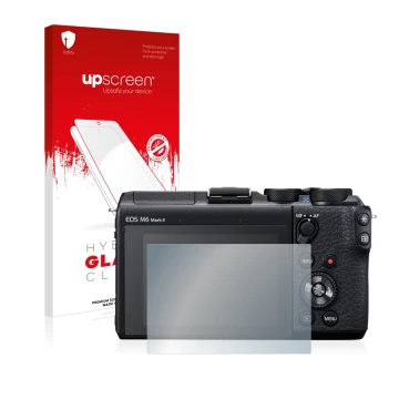 Parte frontal de un envase de producto con el logotipo de la marca upscreen. Al lado se muestra el dispositivo Canon EOS M6 Ma