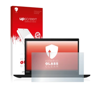 Parte frontal de un envase de producto con el logotipo de la marca upscreen. Al lado se muestra el dispositivo Lenovo ThinkPad