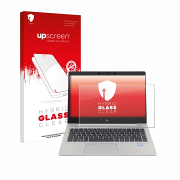 Parte frontal de un envase de producto con el logotipo de la marca upscreen. Al lado se muestra el dispositivo HP EliteBook 84