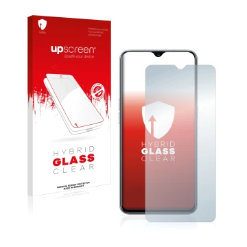 Parte frontal de un envase de producto con el logotipo de la marca upscreen. Al lado se muestra el dispositivo realme XT con s