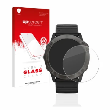 Parte frontal de un envase de producto con el logotipo de la marca upscreen. Al lado se muestra el dispositivo Garmin Fenix 6X