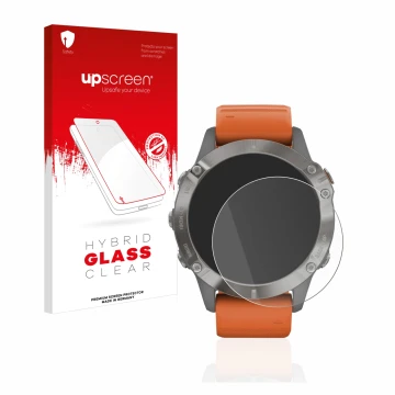 Parte frontal de un envase de producto con el logotipo de la marca upscreen. Al lado se muestra el dispositivo Garmin Fenix 6 