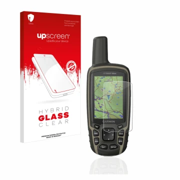 Parte frontal de un envase de producto con el logotipo de la marca upscreen. Al lado se muestra el dispositivo Garmin GPSMAP 6