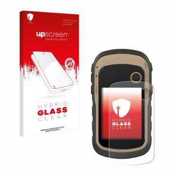 Parte frontal de un envase de producto con el logotipo de la marca upscreen. Al lado se muestra el dispositivo Garmin eTrex 32