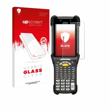 Parte frontal de un envase de producto con el logotipo de la marca upscreen. Al lado se muestra el dispositivo Zebra MC9300 co