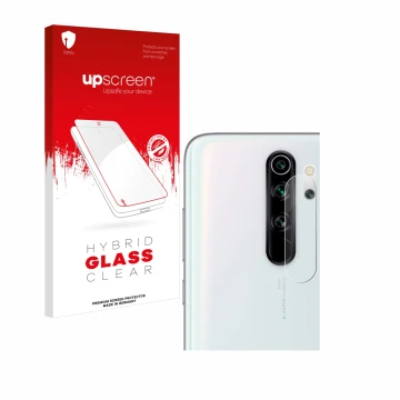 Parte frontal de un envase de producto con el logotipo de la marca upscreen. Al lado se muestra el dispositivo Xiaomi Redmi No