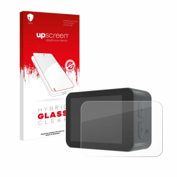 Parte frontal de un envase de producto con el logotipo de la marca upscreen. Al lado se muestra el dispositivo Akaso V50X con 
