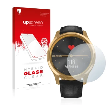 Parte frontal de un envase de producto con el logotipo de la marca upscreen. Al lado se muestra el dispositivo Garmin vivomove