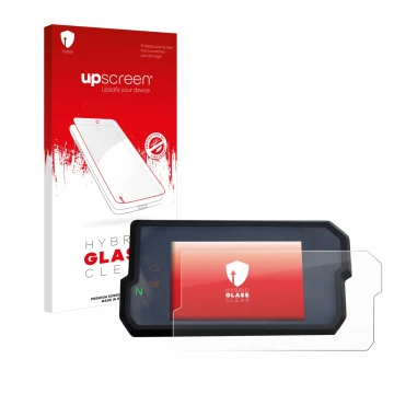 Parte frontal de un envase de producto con el logotipo de la marca upscreen. Al lado se muestra el dispositivo KTM 125 / 390 D