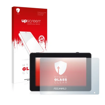 Parte frontal de un envase de producto con el logotipo de la marca upscreen. Al lado se muestra el dispositivo Feelworld F6 Pl