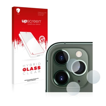 Parte frontal de un envase de producto con el logotipo de la marca upscreen. Al lado se muestra el dispositivo Apple iPhone 11