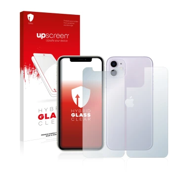 Parte frontal de un envase de producto con el logotipo de la marca upscreen. Al lado se muestra el dispositivo Apple iPhone 11