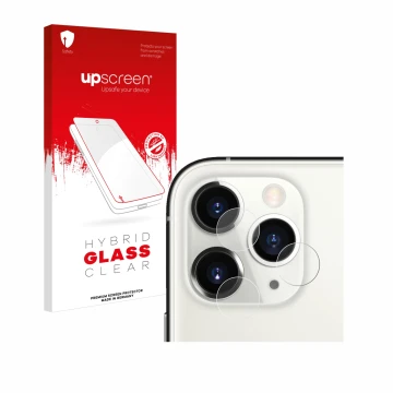 Parte frontal de un envase de producto con el logotipo de la marca upscreen. Al lado se muestra el dispositivo Apple iPhone 11