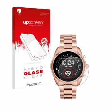 Parte frontal de un envase de producto con el logotipo de la marca upscreen. Al lado se muestra el dispositivo Michael Kors Ac