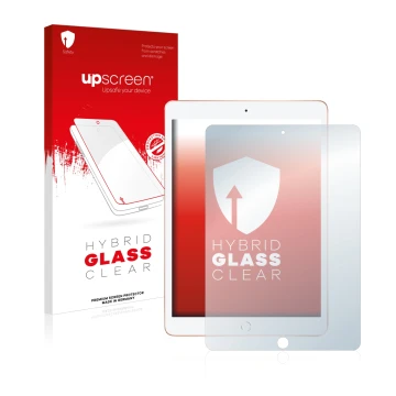 Parte frontal de un envase de producto con el logotipo de la marca upscreen. Al lado se muestra el dispositivo Apple iPad 10.2