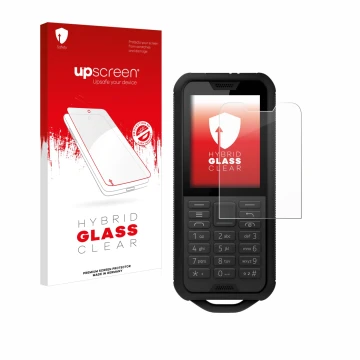 Parte frontal de un envase de producto con el logotipo de la marca upscreen. Al lado se muestra el dispositivo Nokia 800 Tough