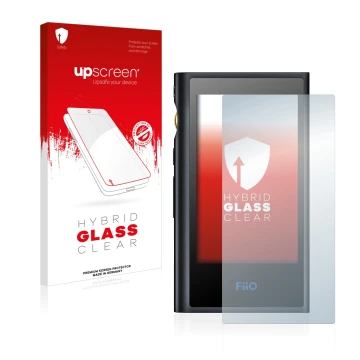 Parte frontal de un envase de producto con el logotipo de la marca upscreen. Al lado se muestra el dispositivo FiiO M9 con su 