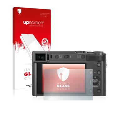 Parte frontal de un envase de producto con el logotipo de la marca upscreen. Al lado se muestra el dispositivo Panasonic Lumix