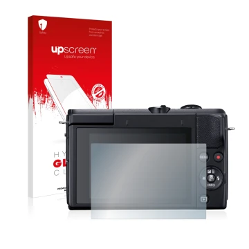 Parte frontal de un envase de producto con el logotipo de la marca upscreen. Al lado se muestra el dispositivo Canon EOS M200 