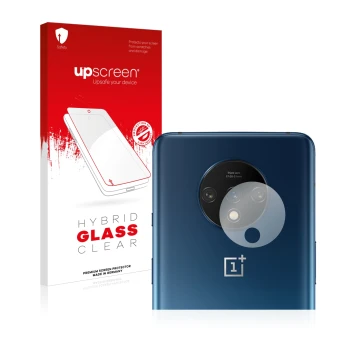 Parte frontal de un envase de producto con el logotipo de la marca upscreen. Al lado se muestra el dispositivo OnePlus 7T (SÓL