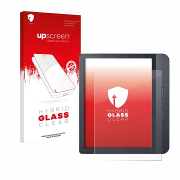 Parte frontal de un envase de producto con el logotipo de la marca upscreen. Al lado se muestra el dispositivo Kobo Libra H2O 