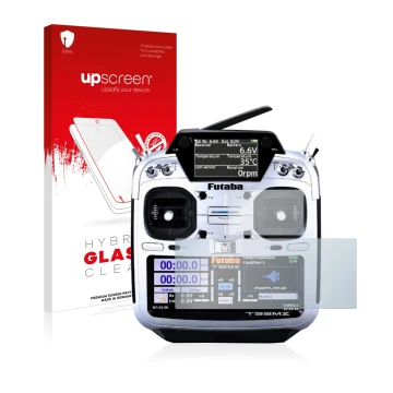 Parte frontal de un envase de producto con el logotipo de la marca upscreen. Al lado se muestra el dispositivo Robbe Futaba T3